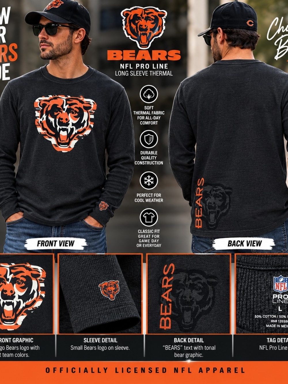 Chicago Bears NFL Pro Line Thermal Shirt Mens Large Long Sleeve Waffle Football